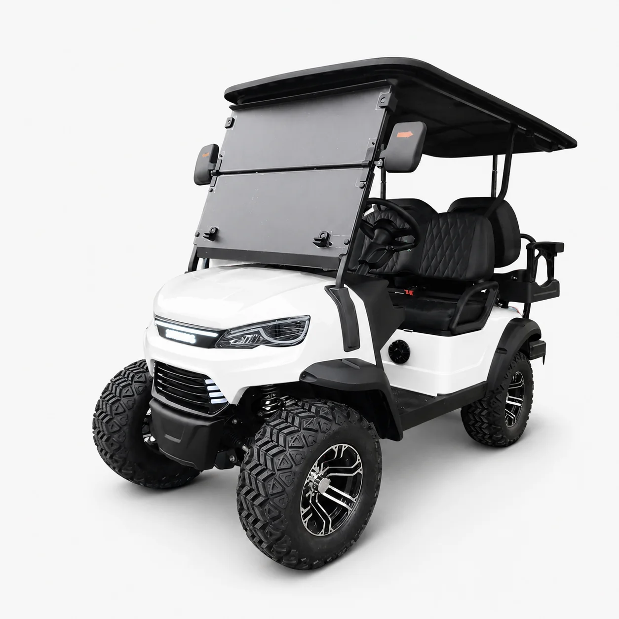 Model D compact electric golf cart - red lifted